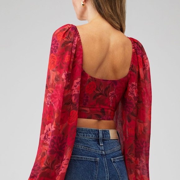 🔆 For Love And Lemons Red Puff Sleeve Trisha Crop Top - Picture 2 of 3